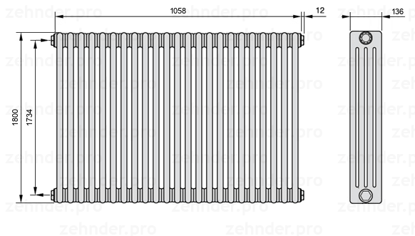 Схема (чертеж) Радиатор Zehnder Charleston 4180/23 №1270 Белый глянцевый RAL 9016